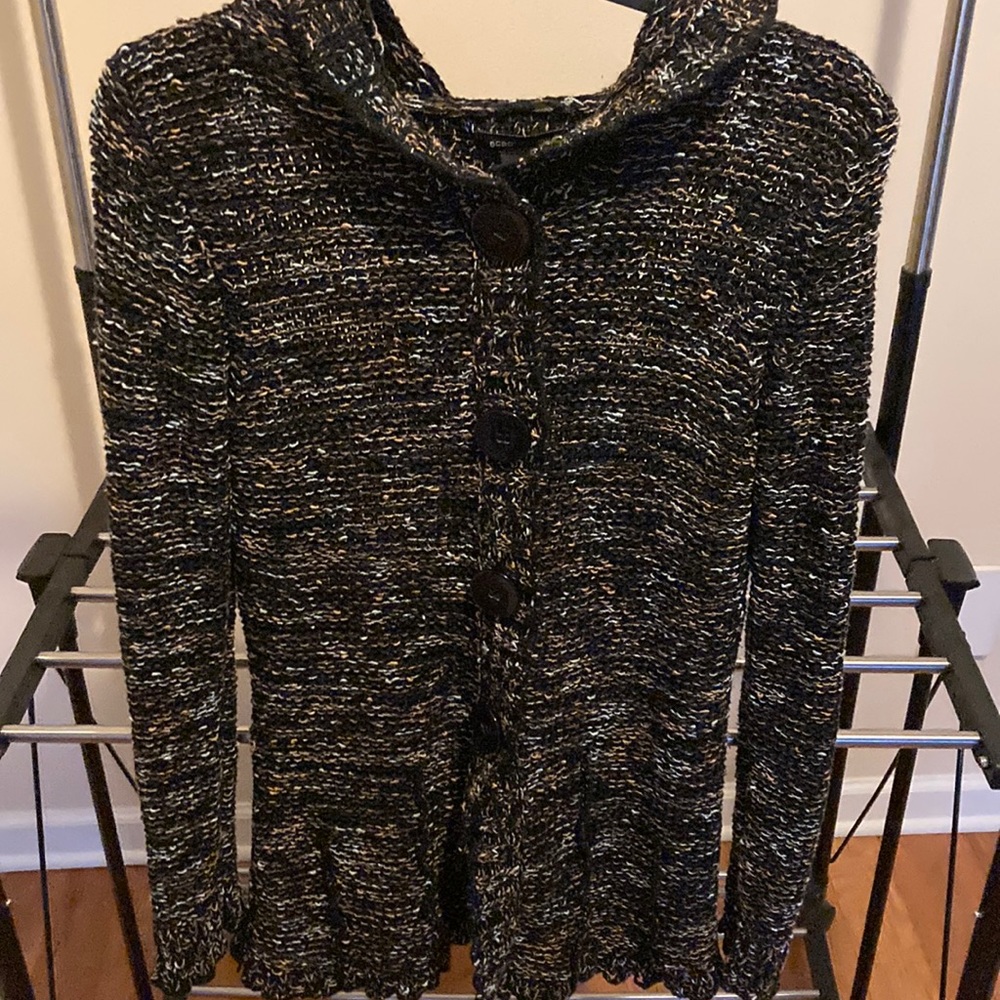 BCBGMaxAzria Black, Blue, Tan Hooded Cardigan - Size Medium
